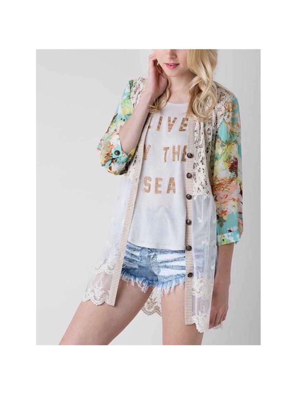 Gimmicks by BKE Boho Floral Lace Crochet Button Front Blouse Tunic XL Kimono
